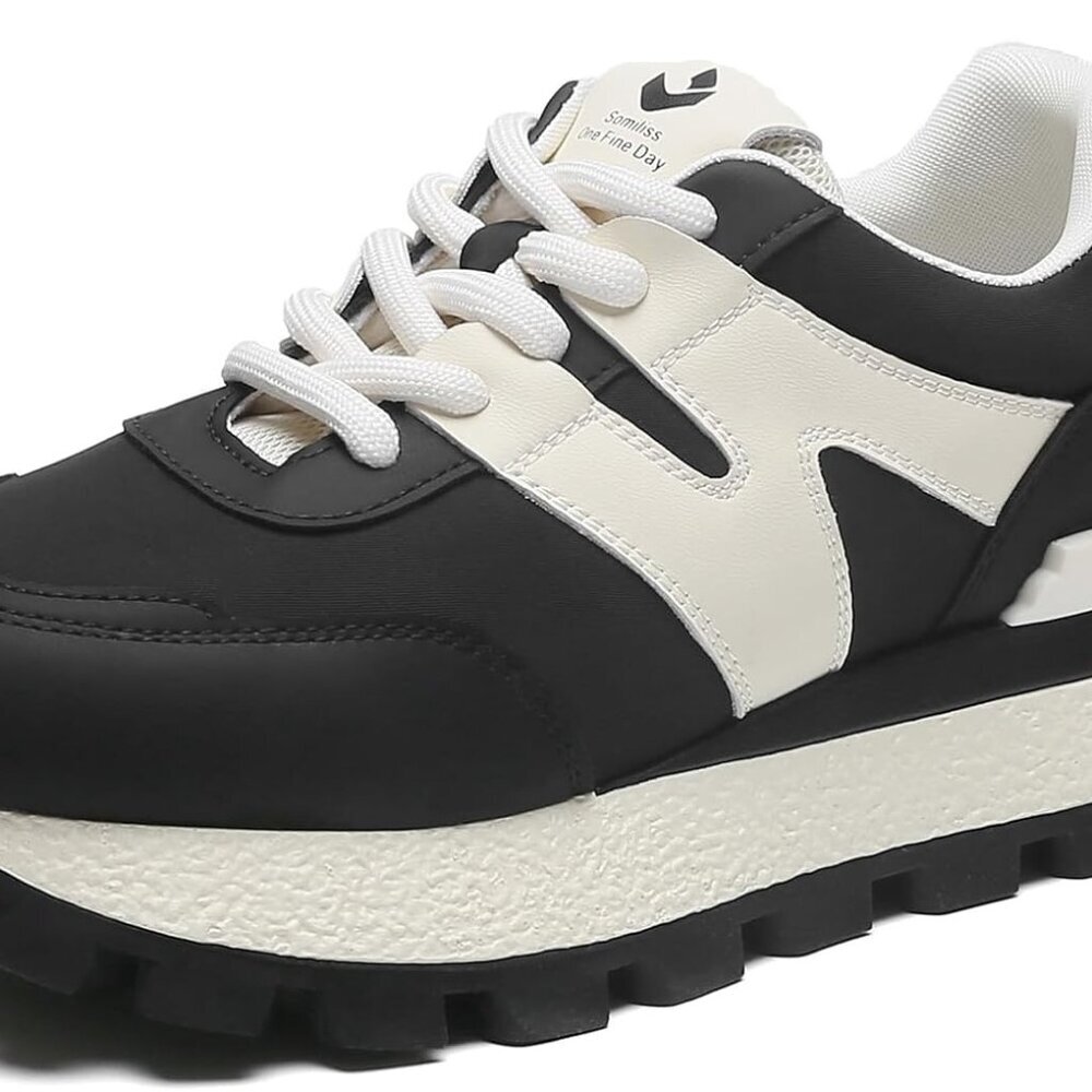 Women's Breathable Leather Platform Sneakers Non-Slip Casual Walking Shoes